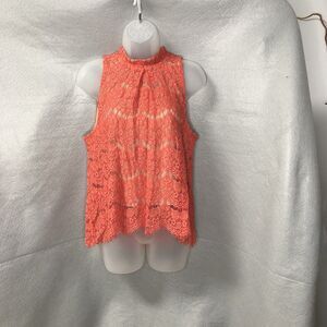 Love Fire Women’s Lace Top Mock Neck Sleeveless High/low hem Coral Medium EUC